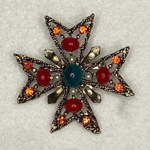 Vintage Maltese Cross Rhinestone and Pearl Pin Brooch